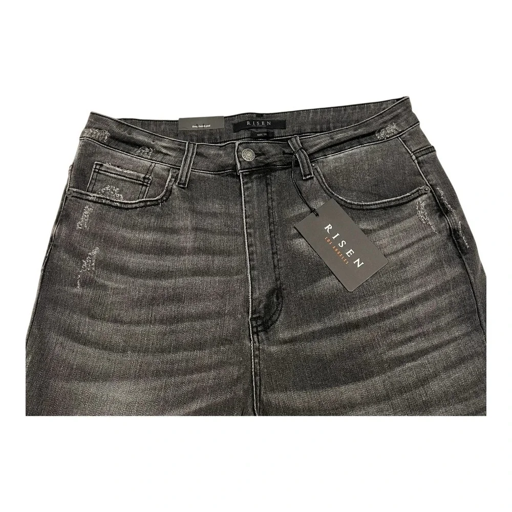 NWT Risen Womens 1XL Flare Jeans Black Acid Wash High Rise Raw Hem Stretch Denim
